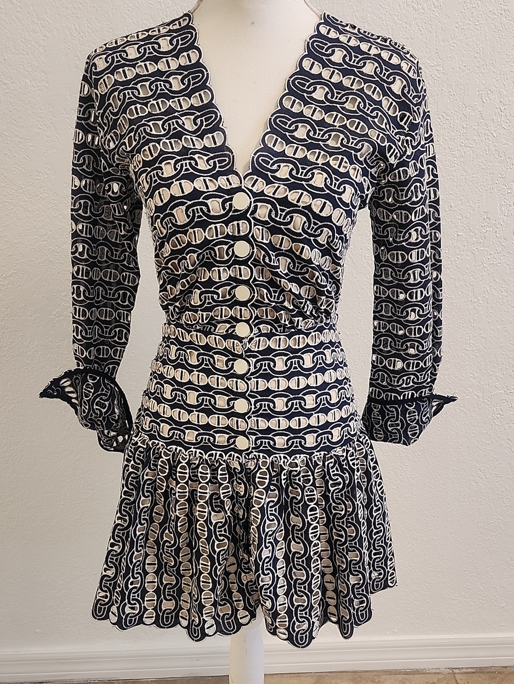 Sandro Paris Embroidery Chain-Print Navy and Cream Long-Sleeve V-Neck Mini Dress
